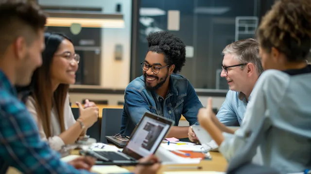 Team members talking through a project around a table