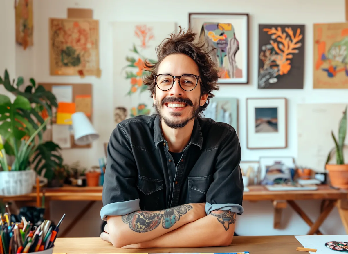 A designer smiling at a studio desk