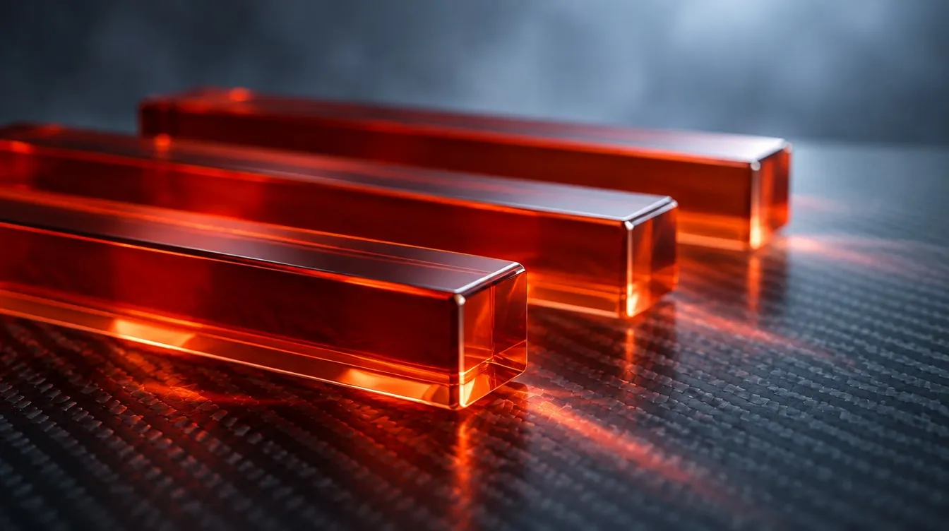 Barre di vetro illuminate di arancione su una superficie scura