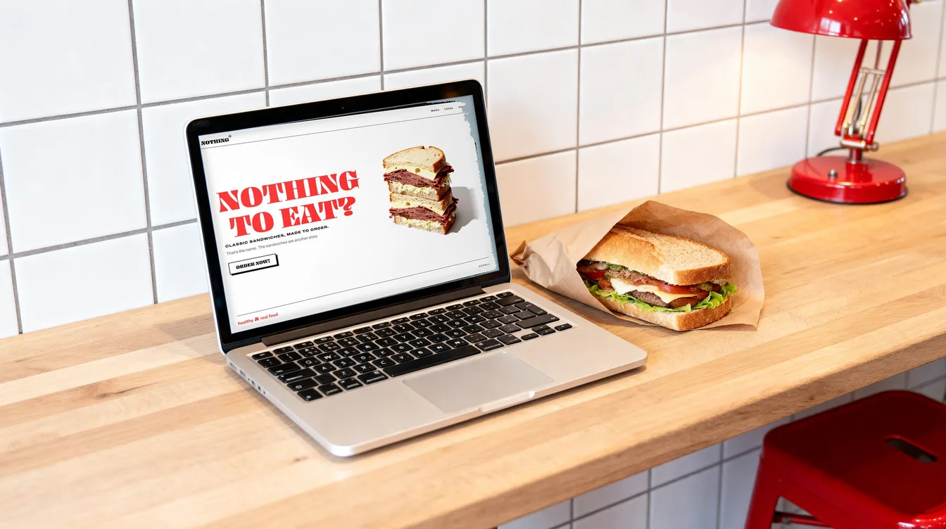 Il sito di un locale di panini aperto su un portatile accanto a un panino incartato