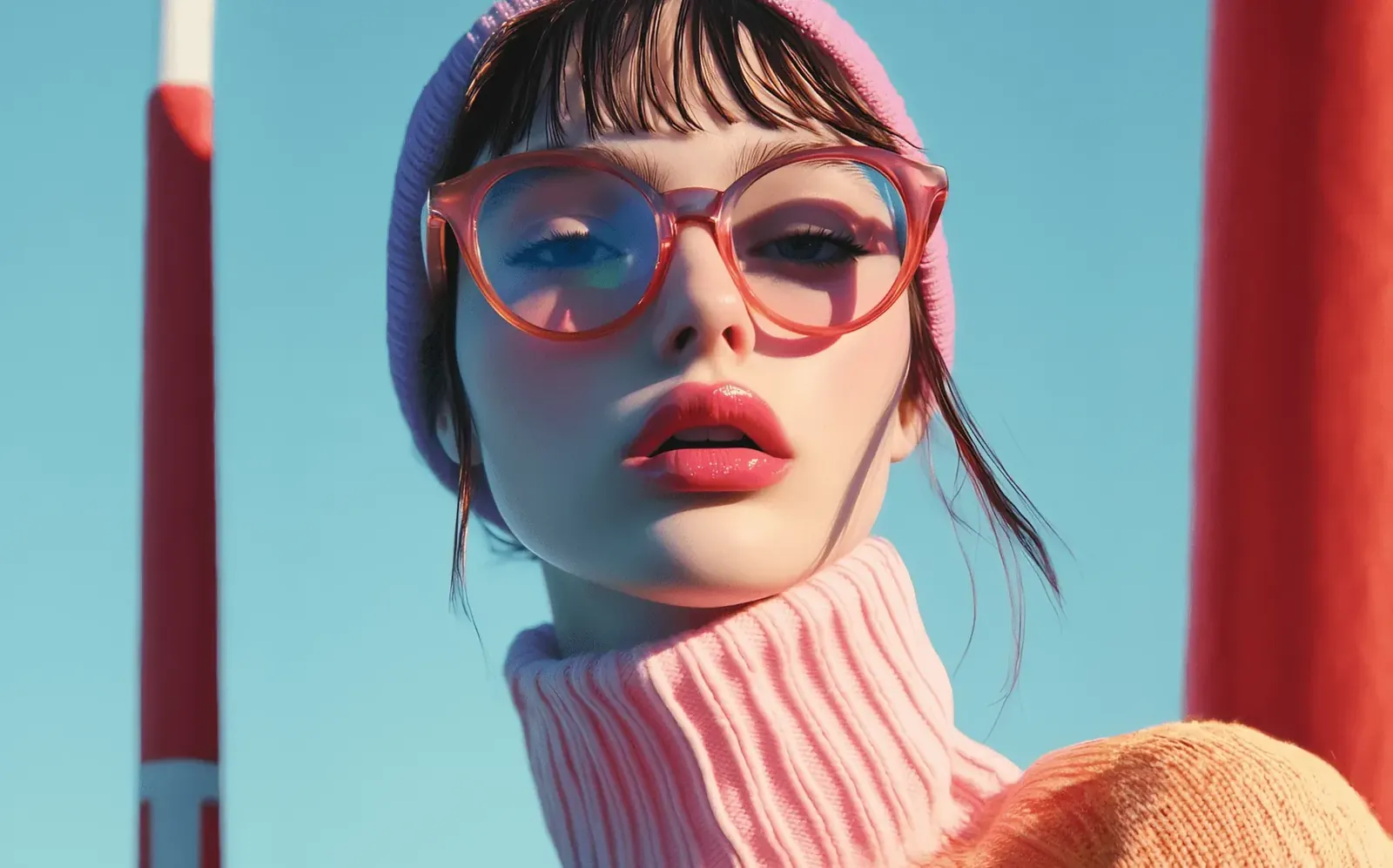 Portrait of a model in pink glasses and a knitted hat against a blue sky