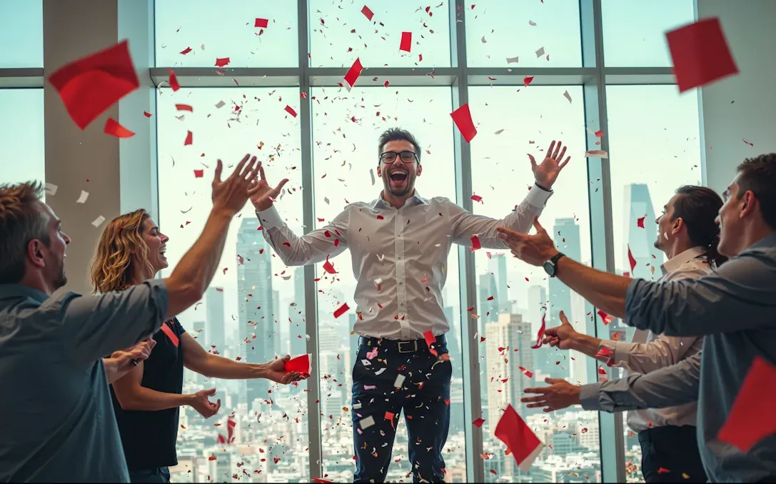 Team celebrating in an office with red confetti in the air