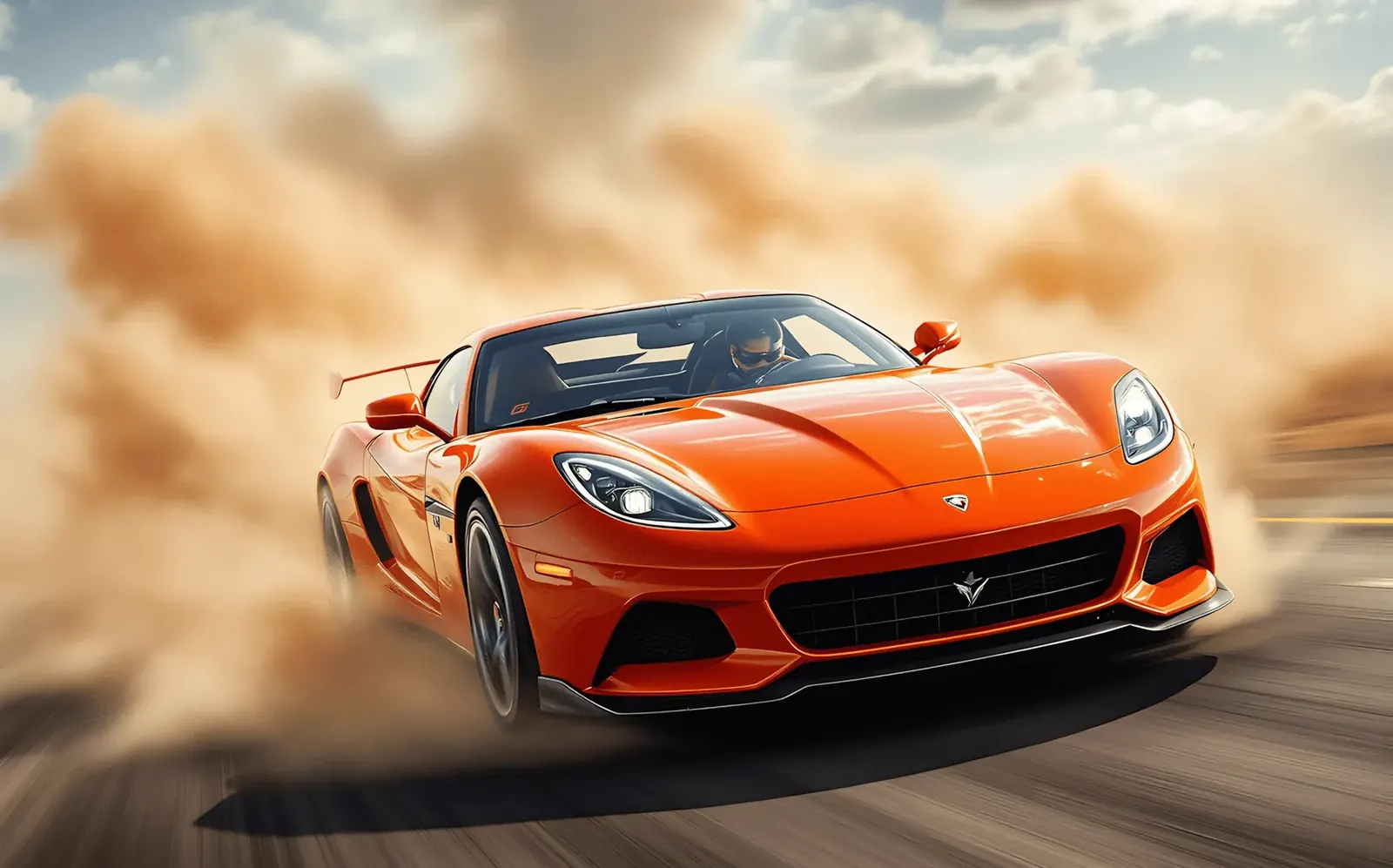 Orange sports car driving at speed on a desert road