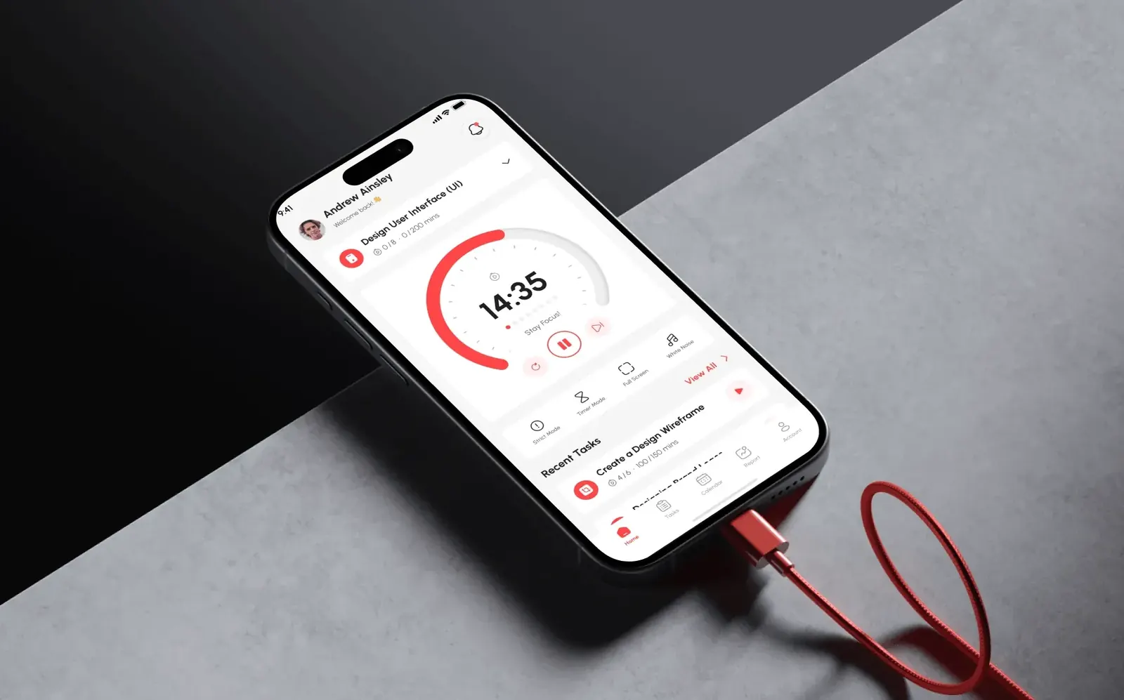 Phone showing a timer application interface on a dark surface