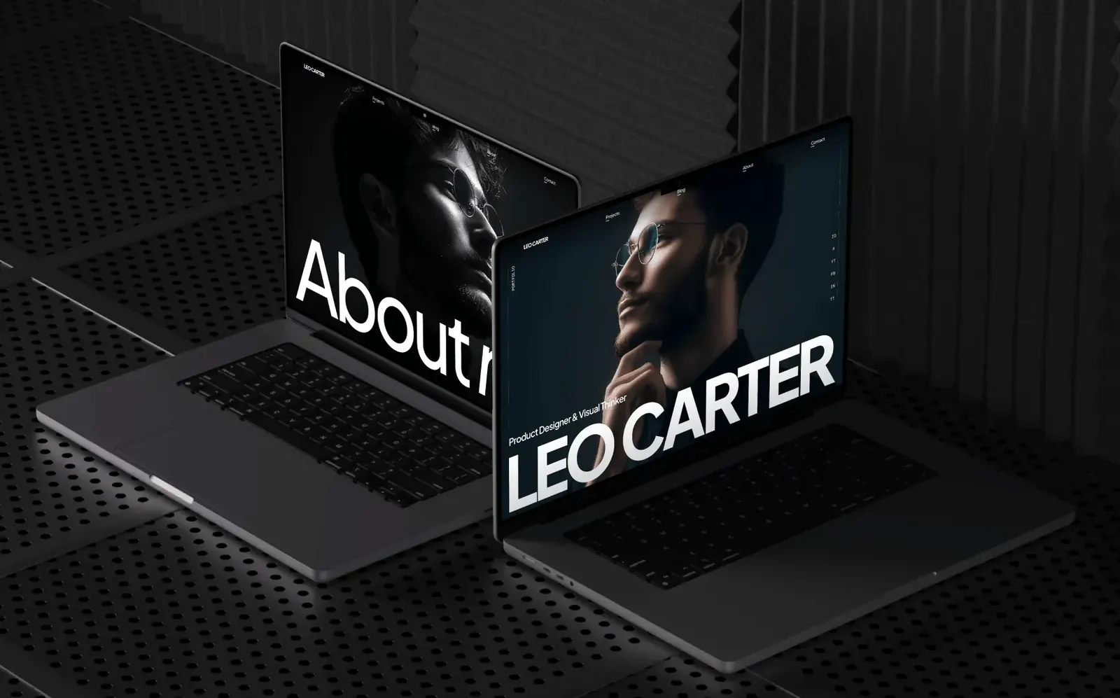 Two laptops showing a website design on a dark background