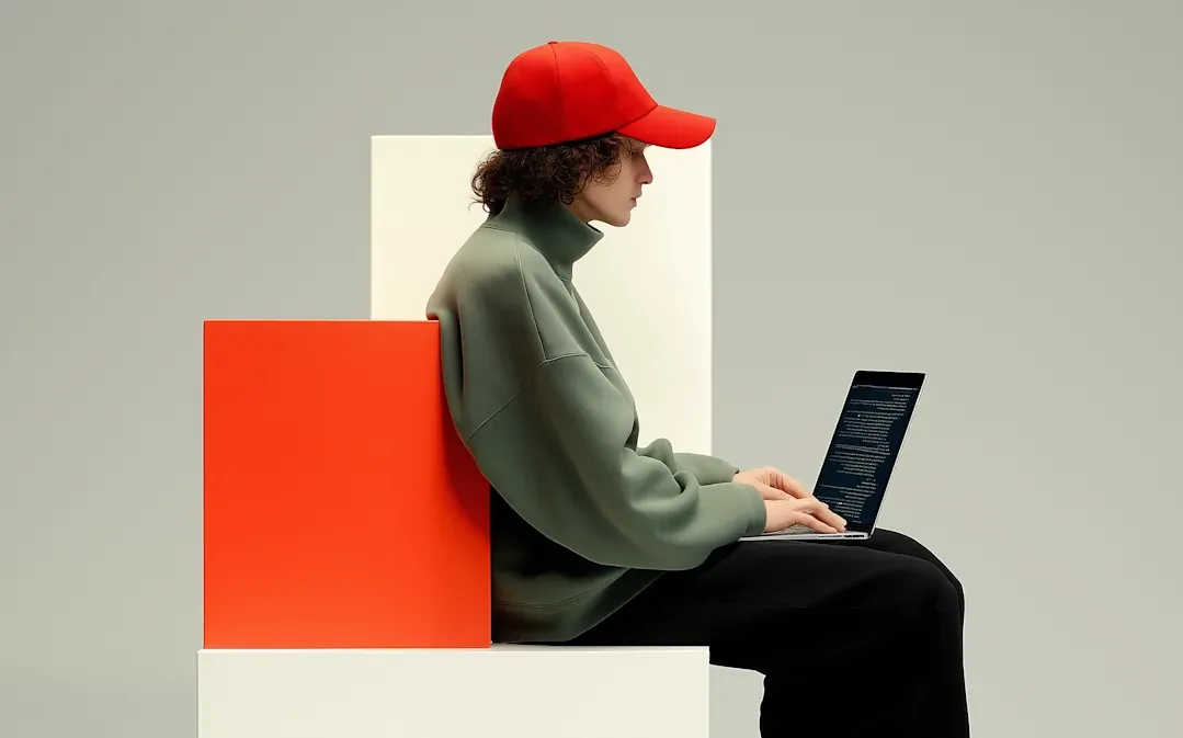 Person in a red cap working on a laptop beside a red block