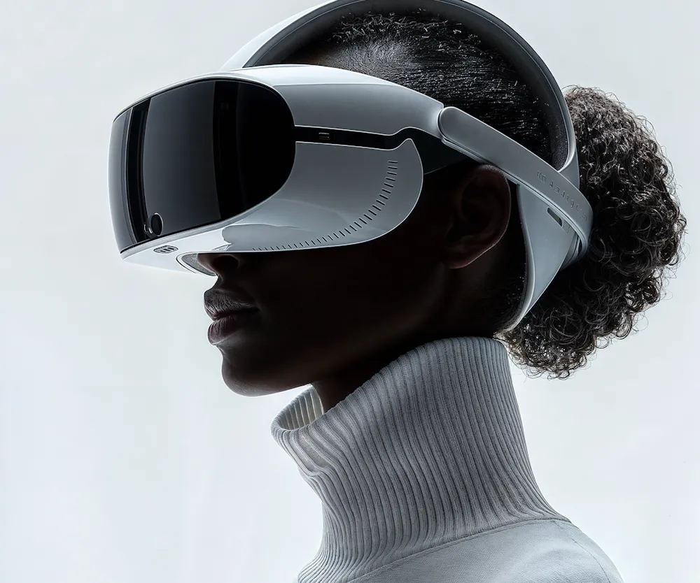 Profile of a person wearing a white headset