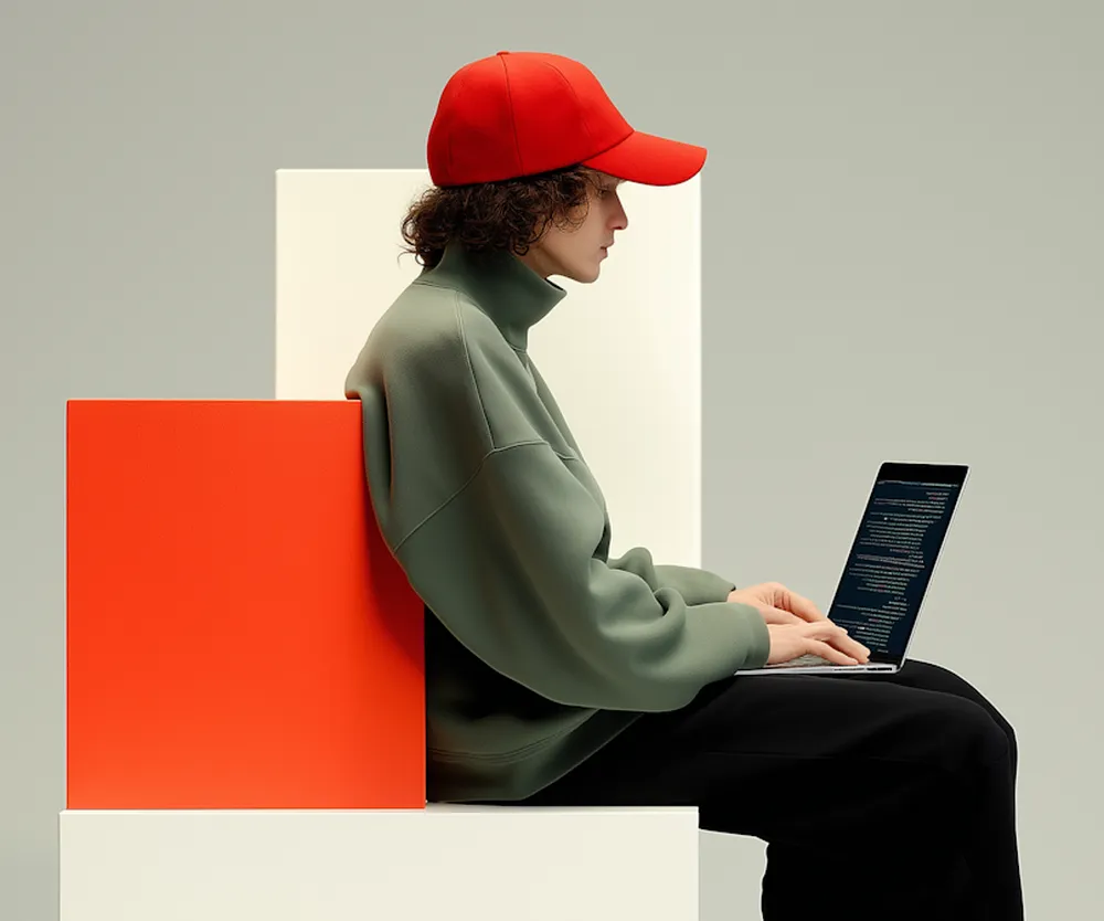 Person in a red cap working on a laptop
