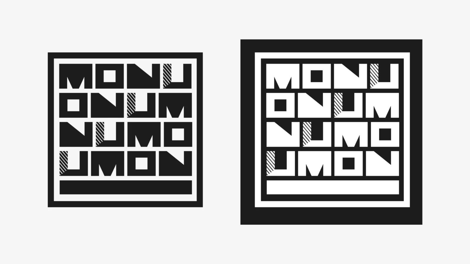 El patrón de letras dos veces: MONU, ONUM, NUMO y UMON en cuatro filas dentro de un borde, en negro sobre blanco a la izquierda y en blanco sobre negro dentro de un ancho borde negro a la derecha
