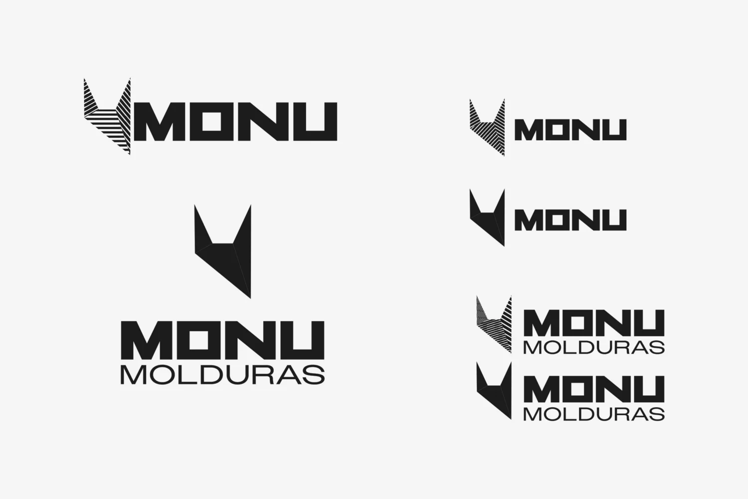 Seis versiones del símbolo con el nombre: junto a MONU, encima de MONU Molduras y junto a MONU Molduras, con el símbolo macizo o rayado