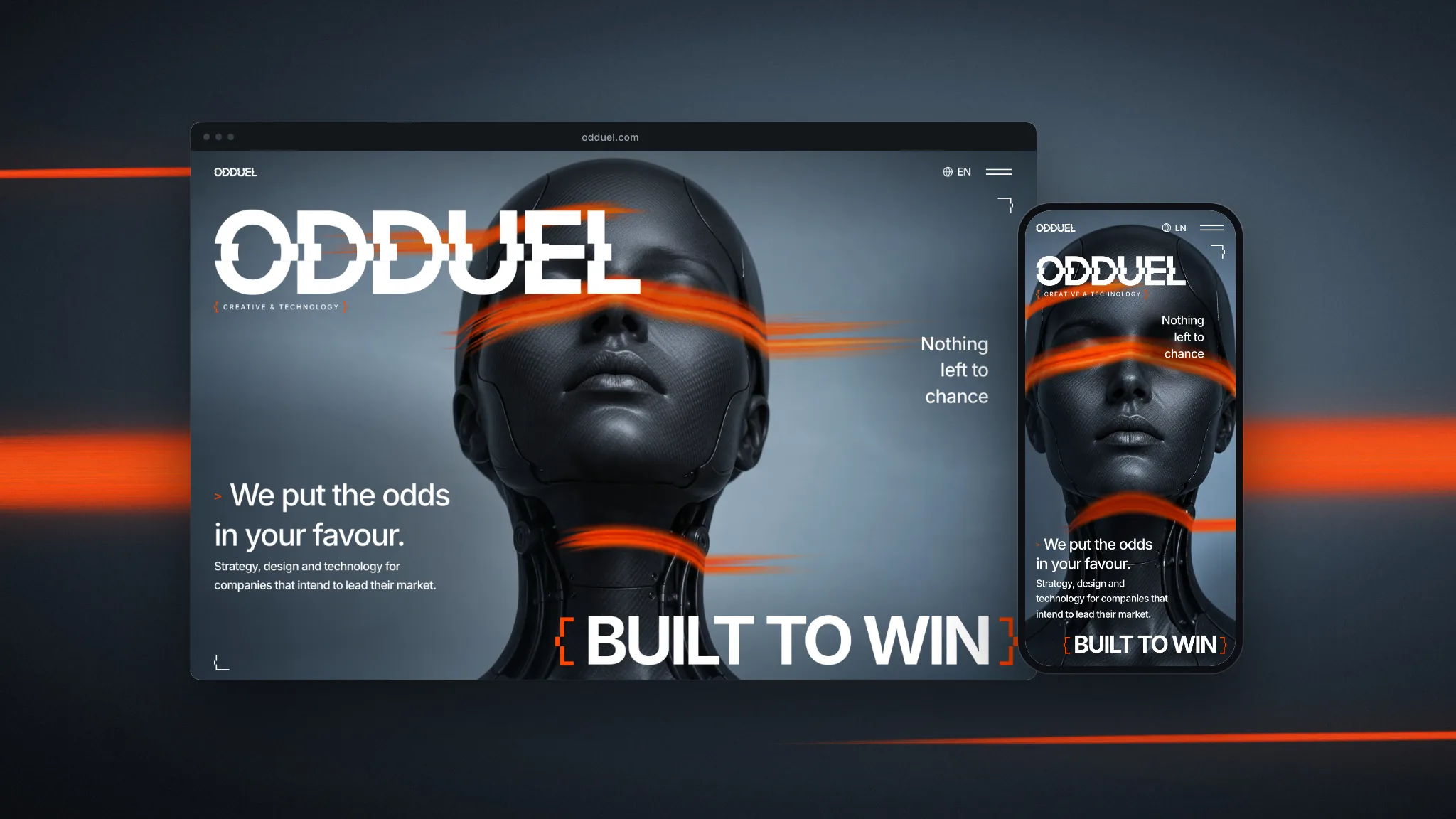 Die Startseite von Odduel auf einem Desktop-Bildschirm und einem Smartphone: die Website einer jungen Agentur