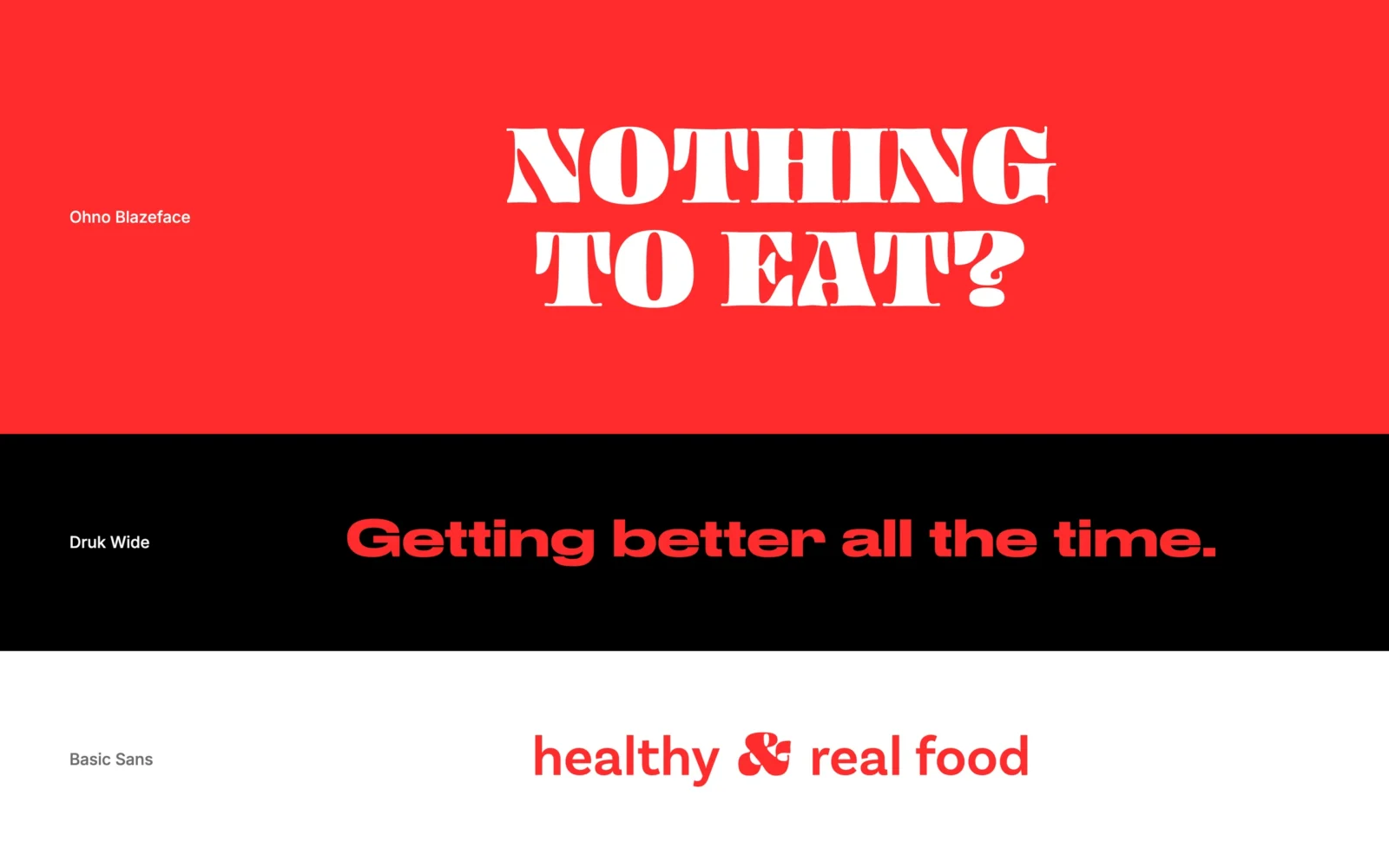 Tre fasce: rossa con la scritta bianca «NOTHING TO EAT?», nera con la scritta rossa «Getting better all the time.», bianca con la scritta rossa «healthy & real food».