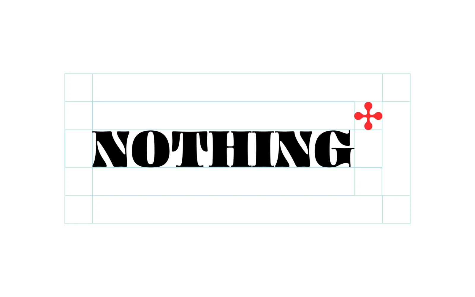 Il logotipo nero «NOTHING» e il suo simbolo rosso dentro una griglia di sottili linee di costruzione azzurro pallido, su bianco.