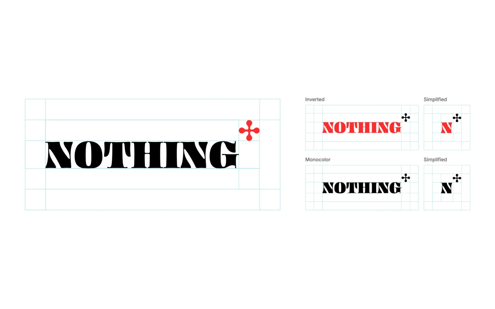 Cinque versioni del logo, ciascuna su una griglia azzurro pallido: un grande «NOTHING» nero con simbolo rosso, un «NOTHING» rosso con simbolo nero, una versione tutta nera, e una lettera N rossa e una nera con il simbolo.