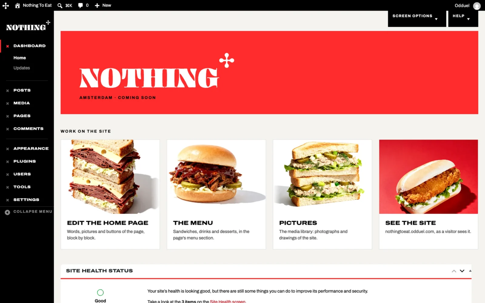 La dashboard di Nothing To Eat: un menu laterale nero sotto il logotipo, un banner rosso «Amsterdam · Coming soon», poi quattro schede con foto: home page, menu, foto, vedi il sito.
