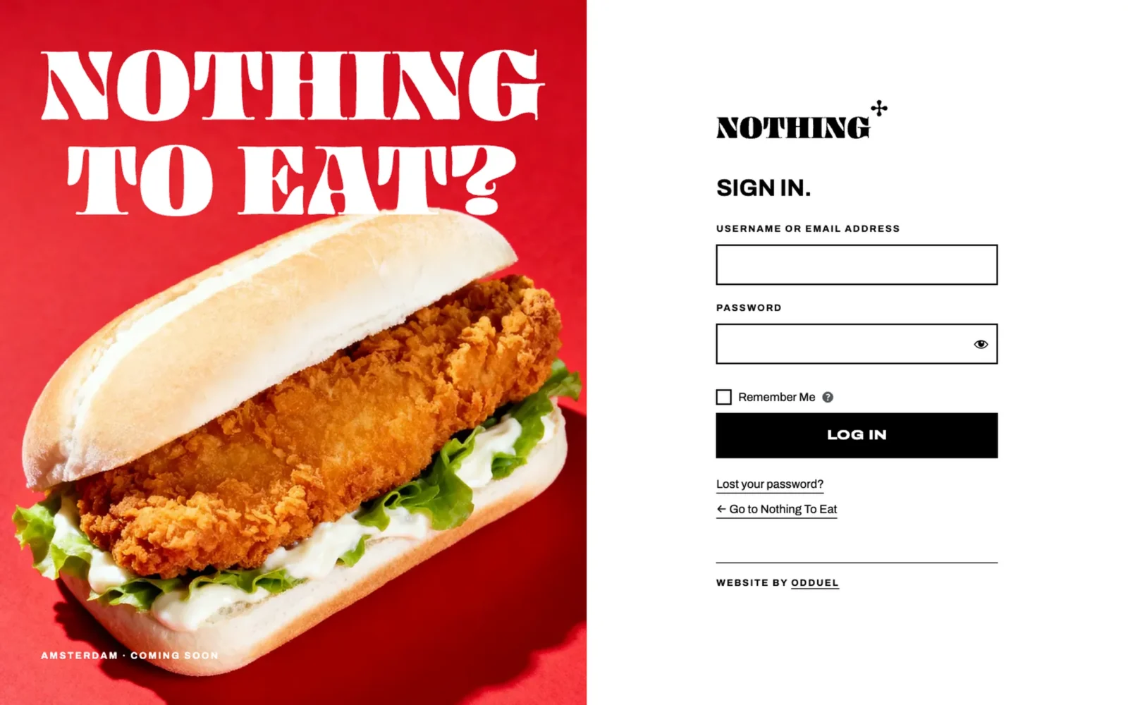 La pagina di accesso del back office di Nothing To Eat in due metà: la scritta rossa «NOTHING TO EAT?» su un panino al pollo; su bianco, il logotipo, «SIGN IN.», i campi e un pulsante nero «LOG IN».