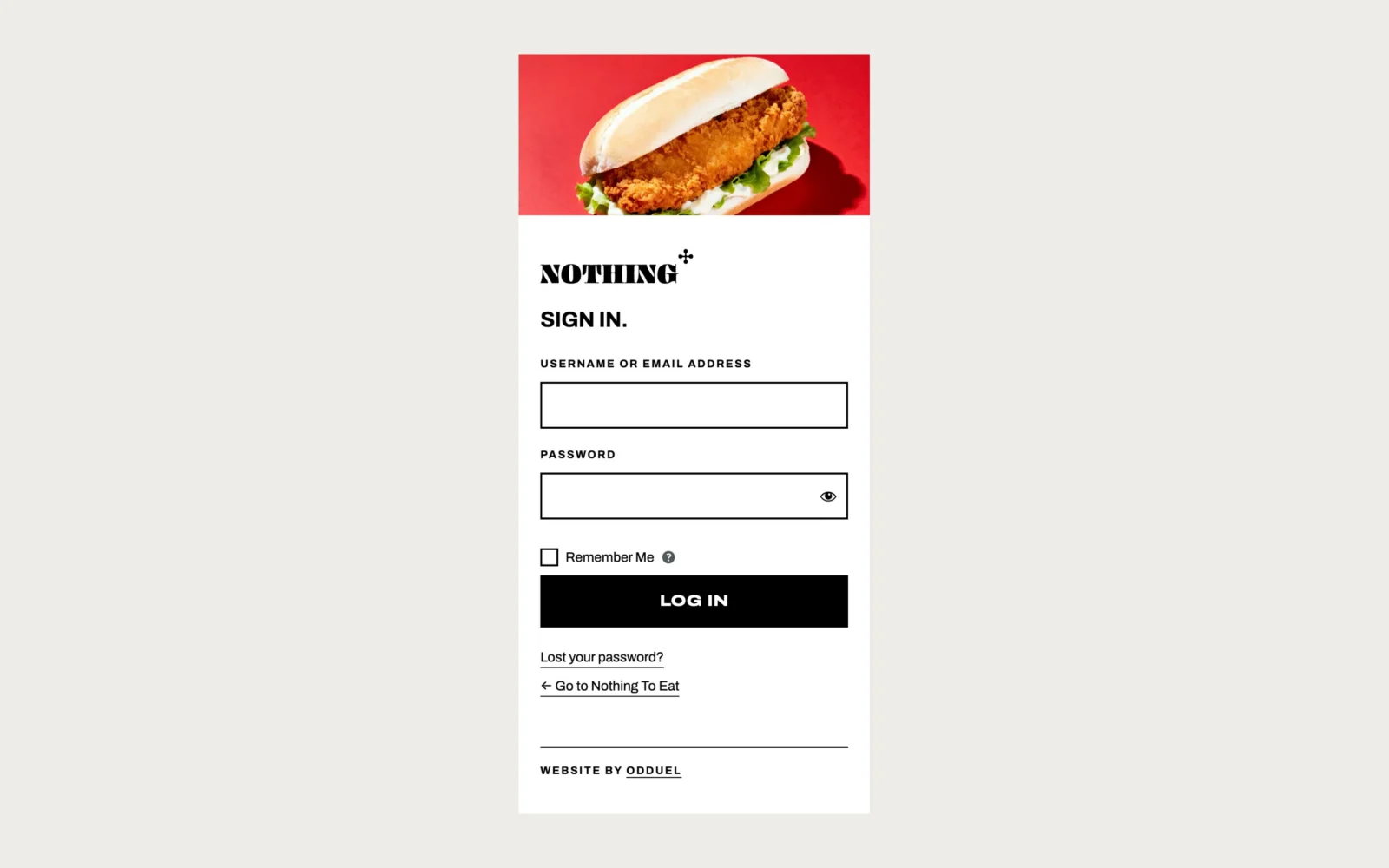 L’accesso al back office sul telefono: un panino al pollo su rosso, poi il logotipo, «SIGN IN.» e i campi.