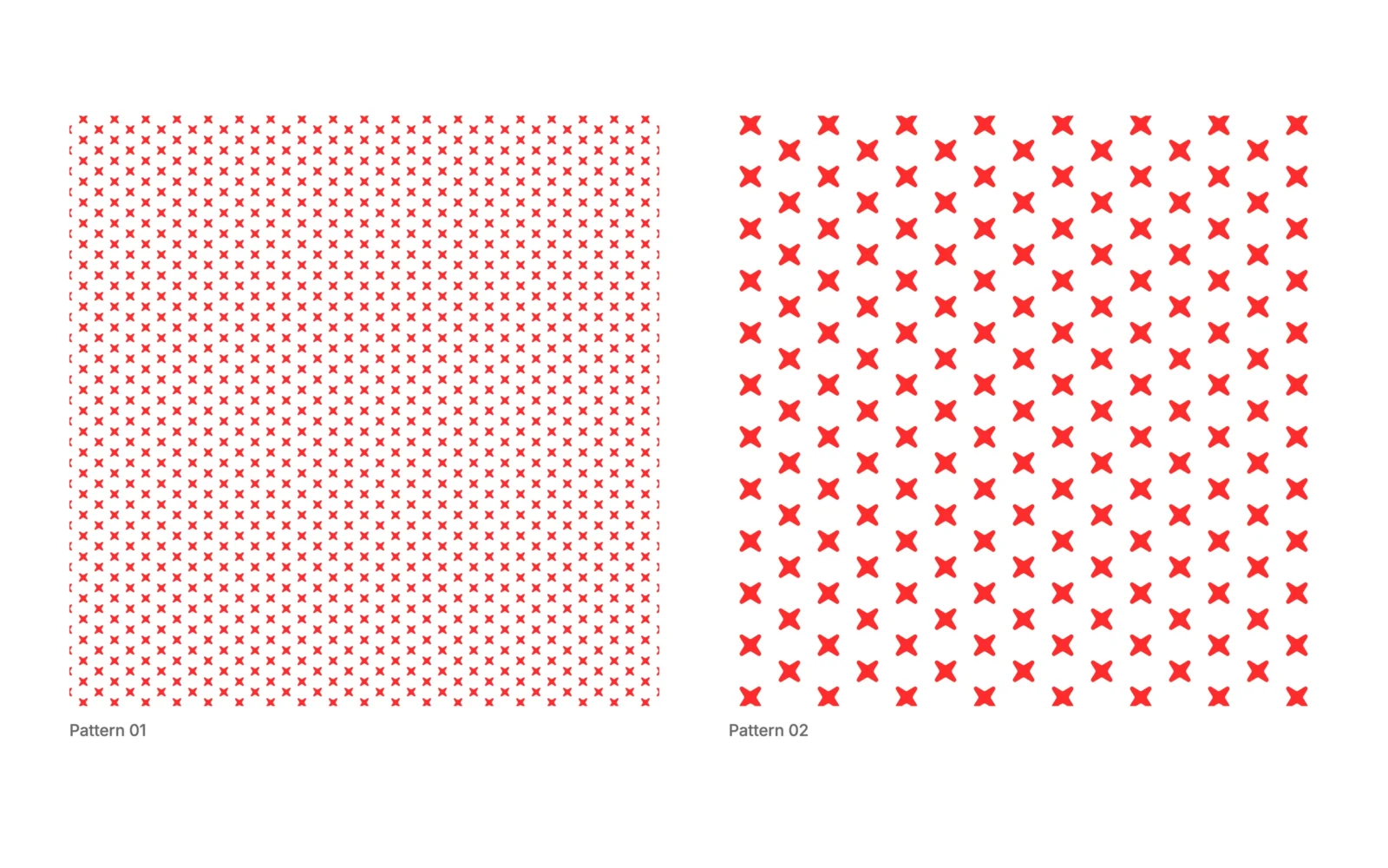 Due campi quadrati di croci rosse su bianco: uno fitto e sottile, con la dicitura «Pattern 01», e uno più aperto, con croci più grandi, con la dicitura «Pattern 02».