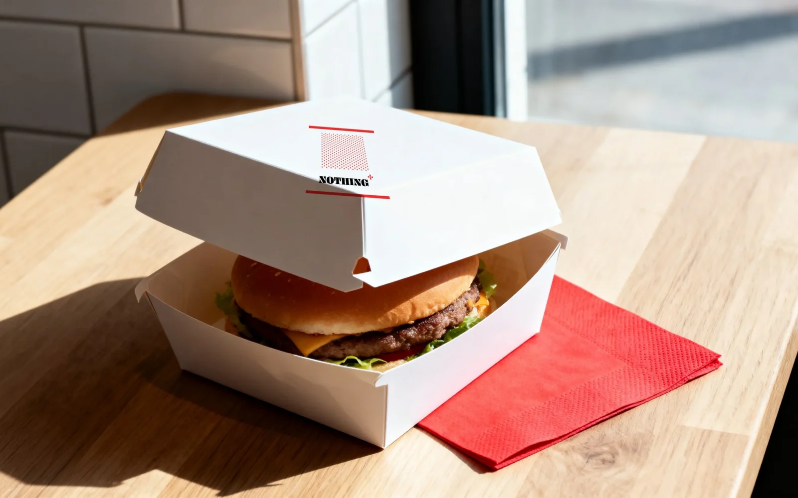 Una scatola per hamburger bianca aperta su un tavolo di legno con un tovagliolo rosso; il coperchio porta una fascia di croci rosse e il logo.
