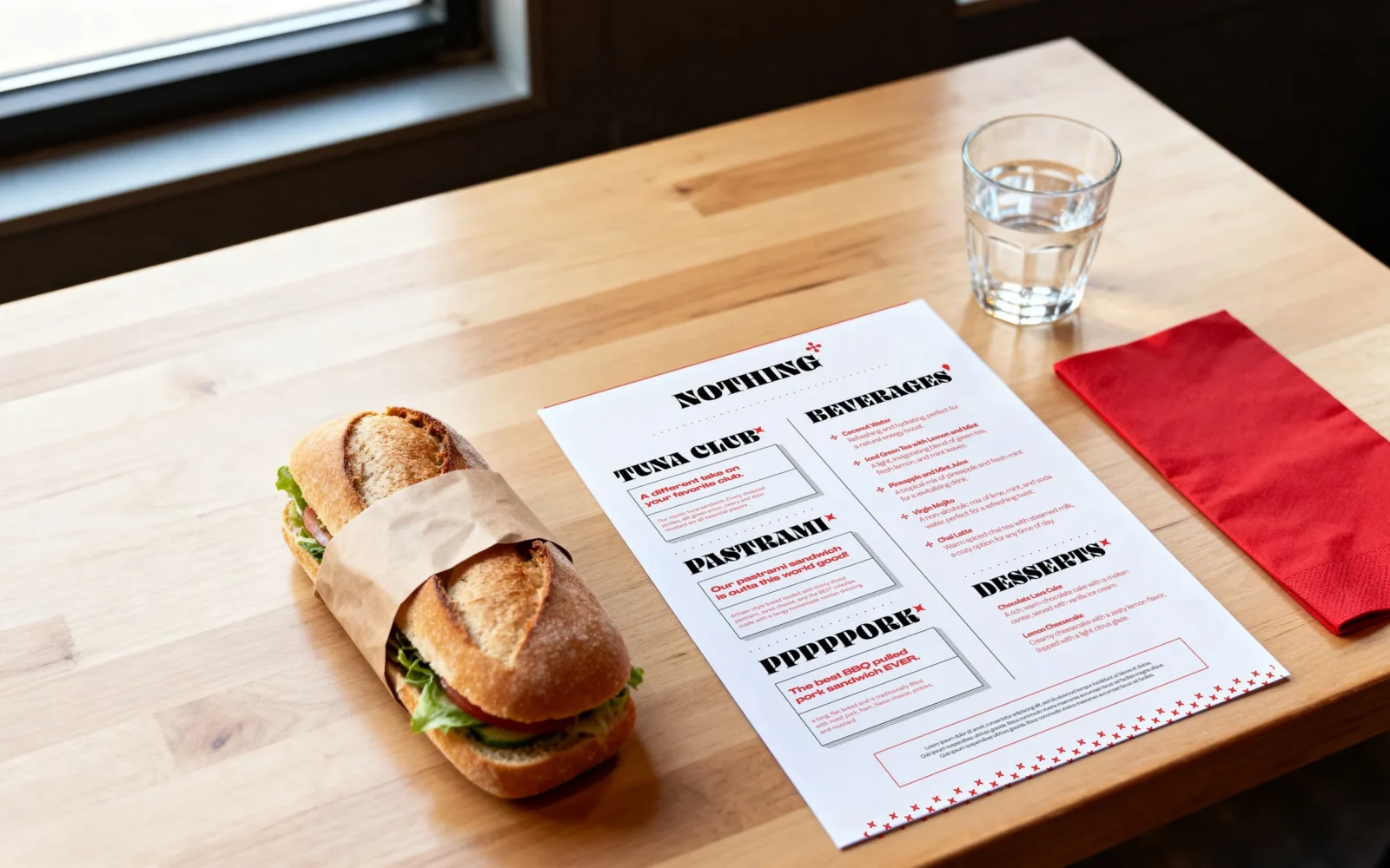 Il menu stampato su un tavolo di legno accanto a un panino incartato, un bicchiere d’acqua e un tovagliolo rosso.