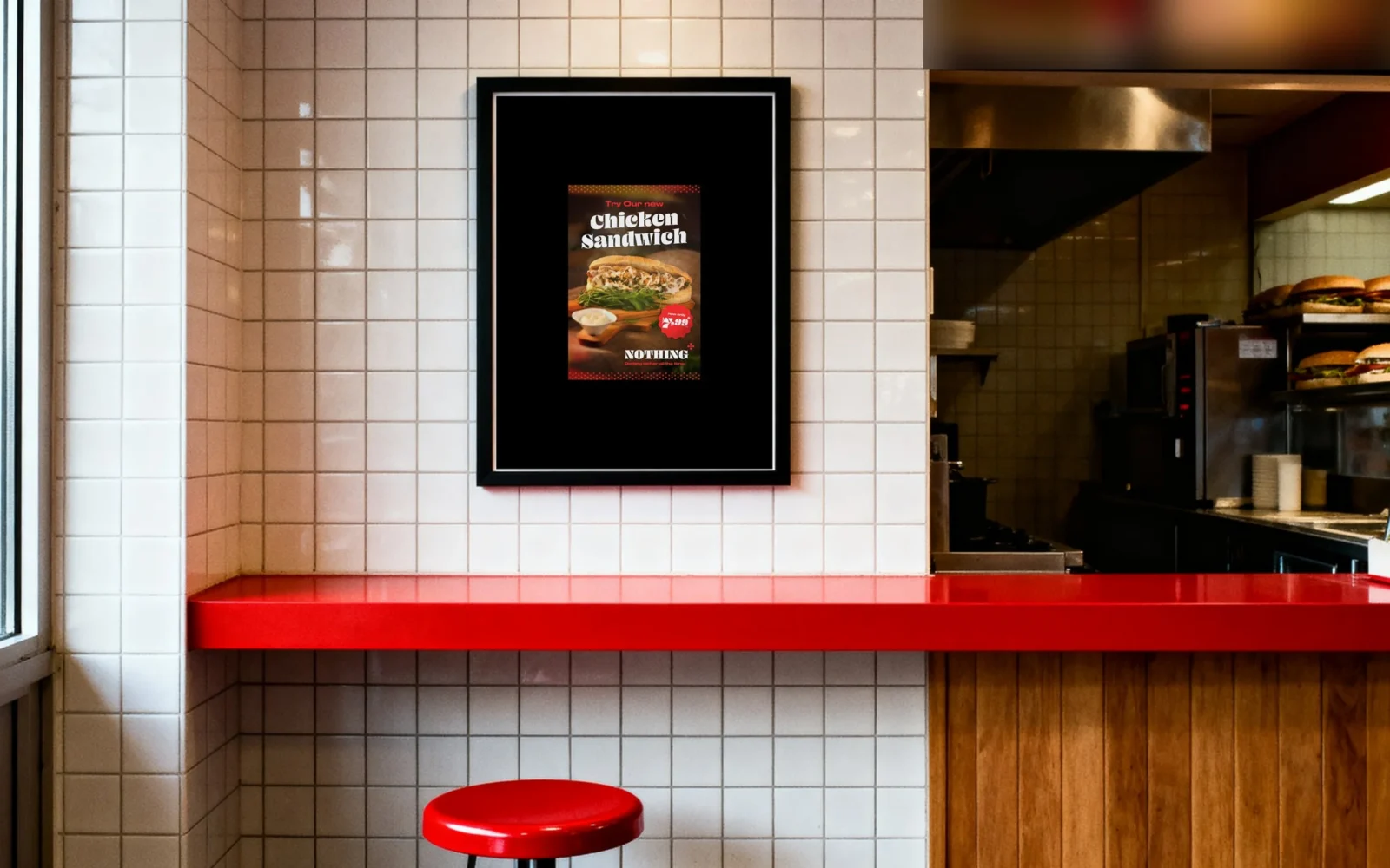 Il poster del Chicken Sandwich in una cornice nera su una parete di piastrelle bianche sopra un bancone rosso.