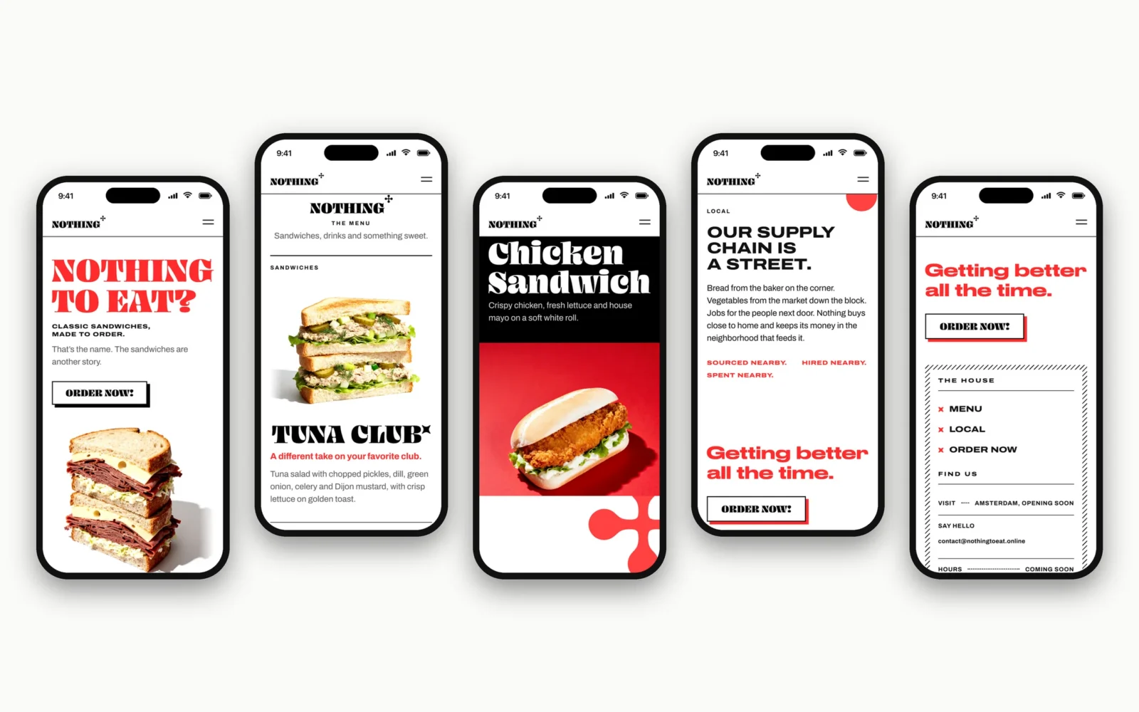 Cinque telefoni in fila su un fondo chiaro, ciascuno con una parte del sito web di Nothing To Eat: l’accoglienza, il menu con il Tuna Club, il Chicken Sandwich, la sezione Local e il footer con «Getting better all the time.»