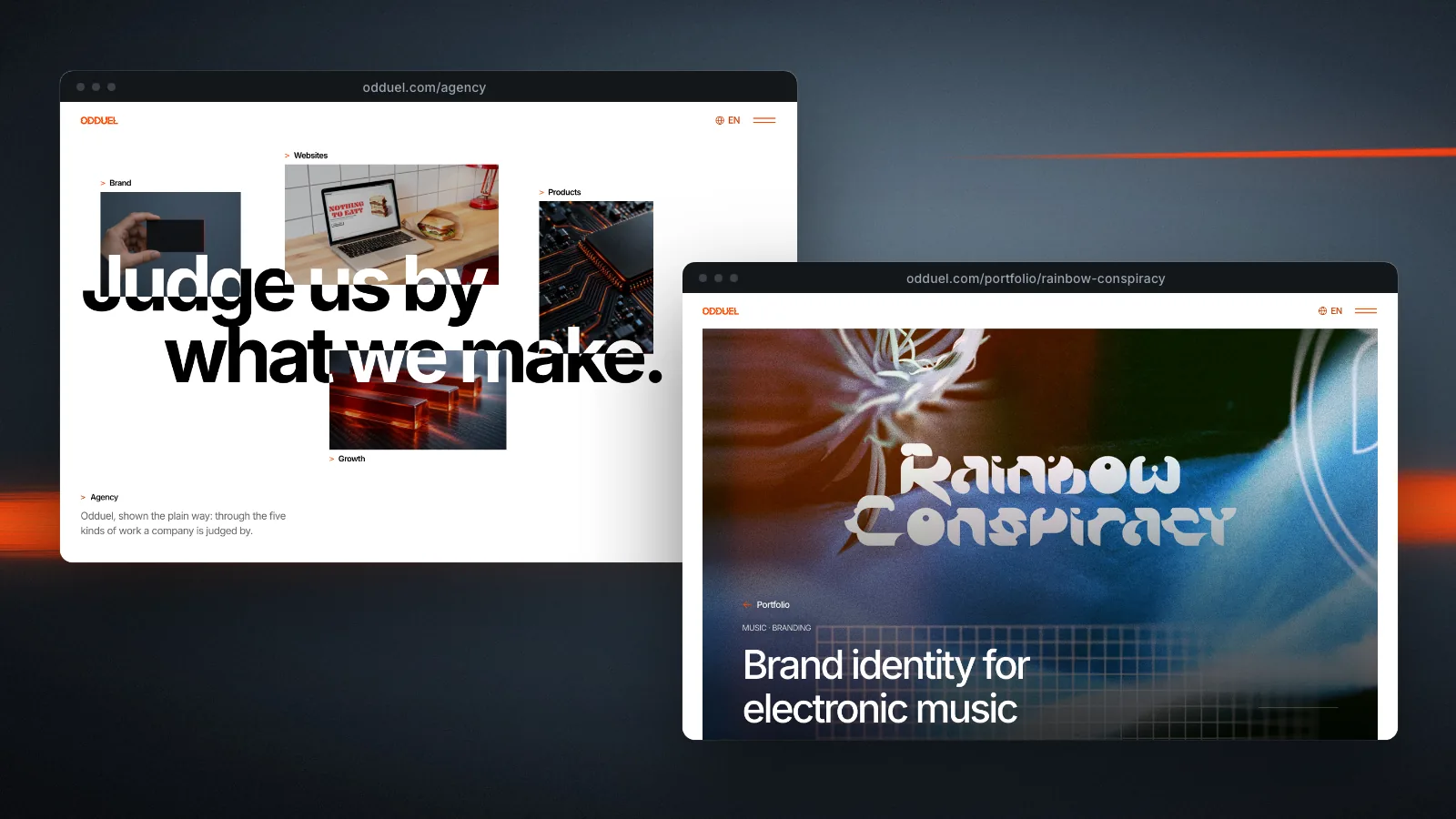 Zwei Seiten der Odduel-Website: die Seite „Agentur“ mit der Headline „Judge us by what we make.“ und die Case Study zu Rainbow Conspiracy