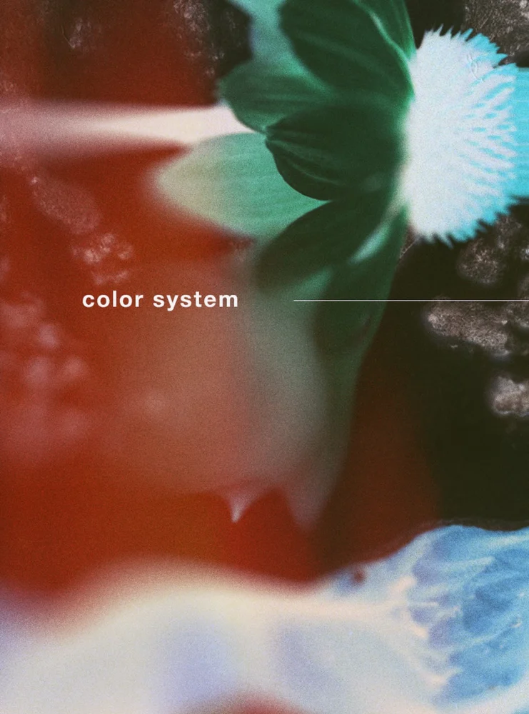 Página de la guía de marca “color system”: una flor en verde y blanco que deja una estela de luz cian sobre rojo y azul hielo