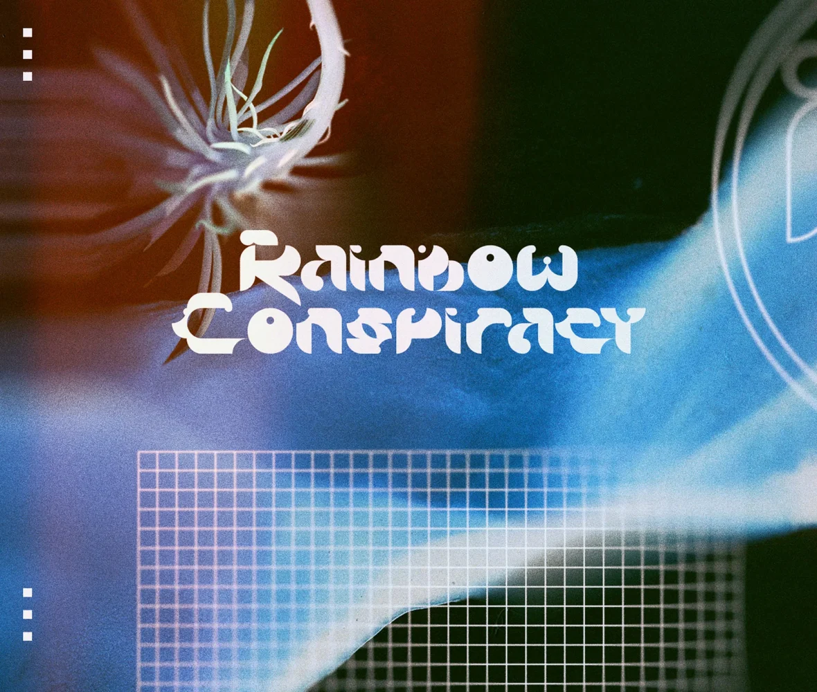 Copertina delle linee guida del brand Rainbow Conspiracy: il logotipo bianco su una fascia sfocata di luce blu, un fiore e una griglia sottile