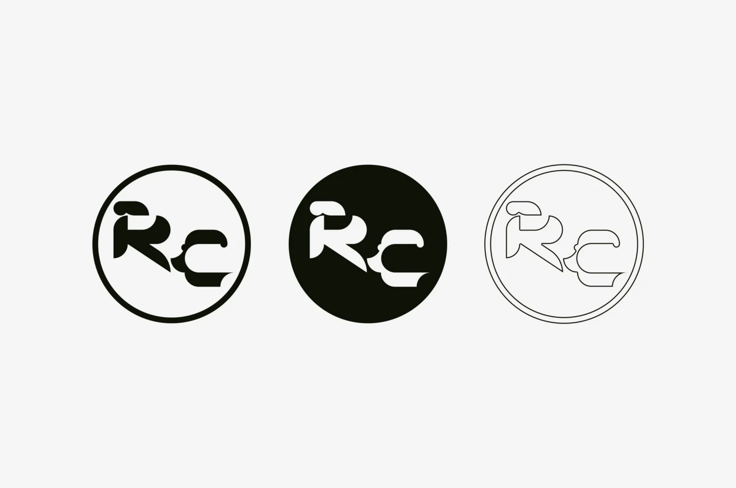 Tres versiones del icono de Rainbow Conspiracy en negro sobre blanco: círculo en contorno, disco sólido y línea fina