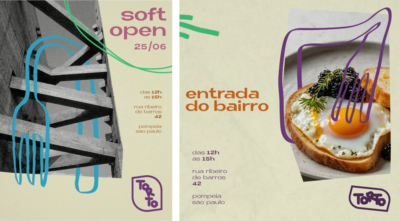 Zwei Anwendungen aus den Brand Guidelines: die Ankündigung des Soft Openings mit einer blauen Gabel über einer Fotografie von Betonbalken und ein Post mit einer violetten Gabel über einem Spiegelei auf Toast