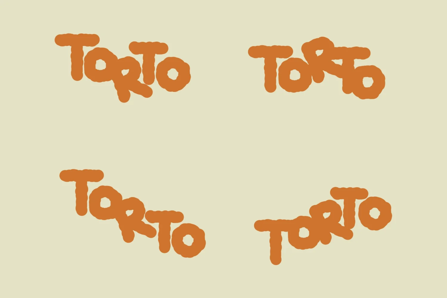 Vier horizontale Varianten des Torto-Logos in Orange, die Buchstaben jeweils anders geneigt und gestapelt