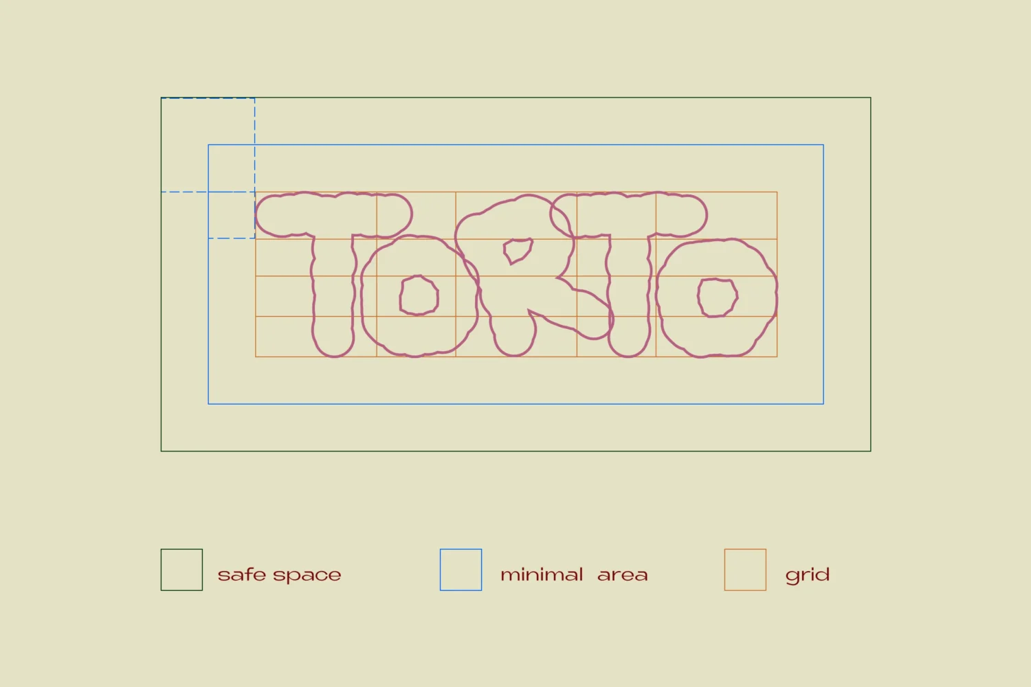 Das Torto-Logo als Umrisszeichnung auf seinem Konstruktionsraster, mit Mindestfläche und Schutzzone ringsum eingezeichnet