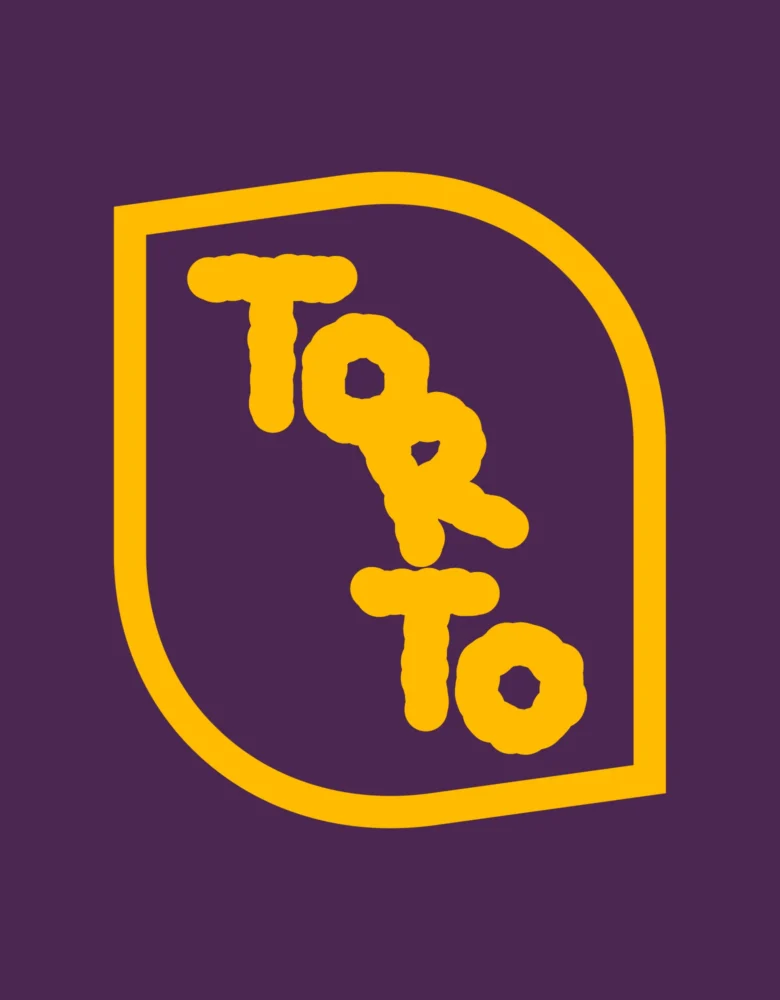 Das Torto-Logo hochkant in einem Rahmen mit einer abgerundeten Ecke, Gelb auf dunklem Violett