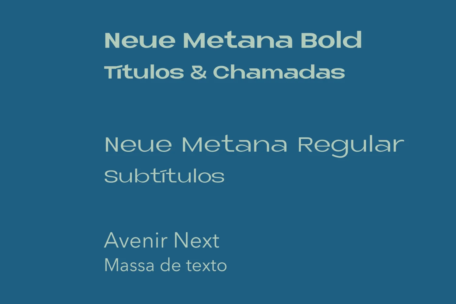 Typografie-Seite: Neue Metana Bold für Titel, Neue Metana Regular für Untertitel und Avenir Next für Fließtext, in Blassgrün auf Dunkelblau